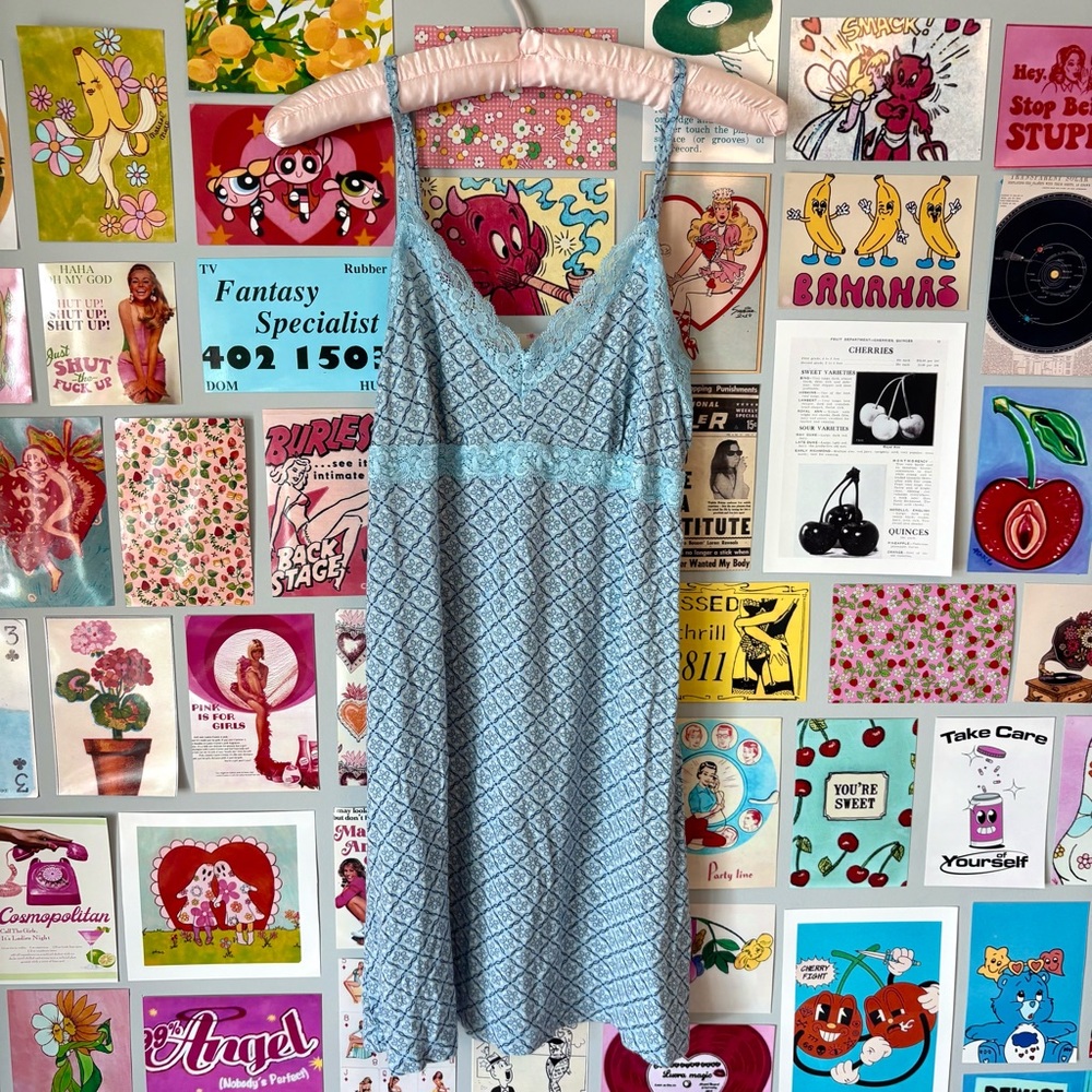 Blue Lace Babydoll Flower Pattern Slip Dress